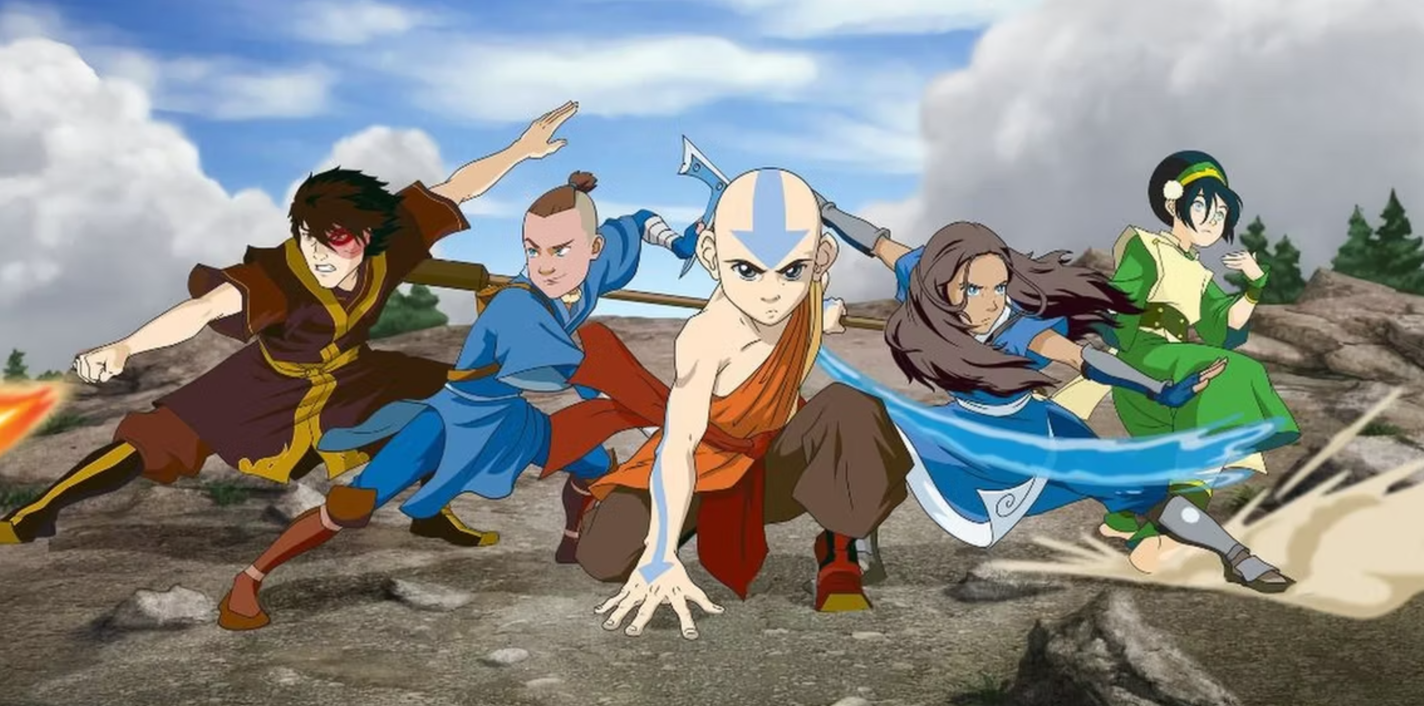 Team Avatar from left to right: Zuko, Sokka, Aang, Katara, and Toph